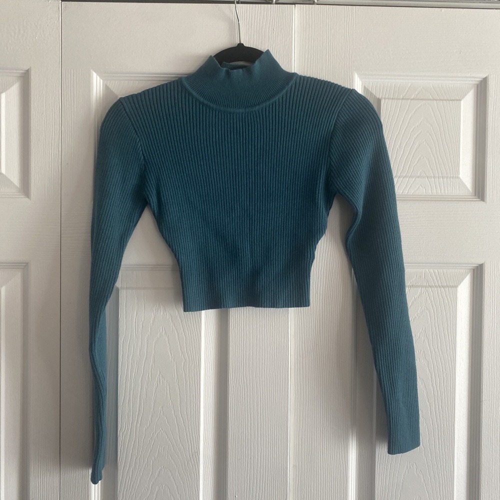 Wild Pony Ribbed Blue Cropped Mock Small Turtleneck Long Sleeve New Y2K Festival